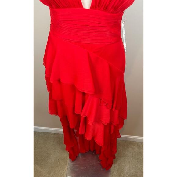 Alice + Olivia Holly Ruffle Tiered Asymmetric High Low Red Maxi Dress Sz 2 - Picture 5 of 11